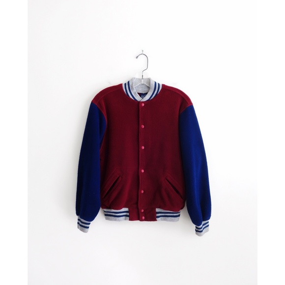 Vintage Jackets & Blazers - Vintage Maroon Navy Blue Fleece Baseball Jacket S